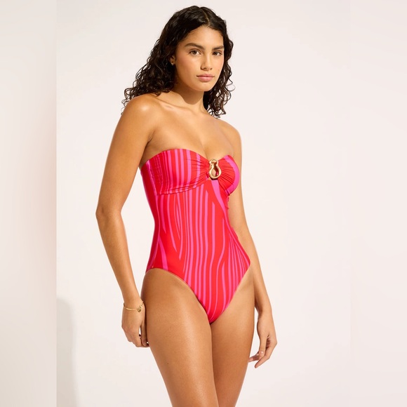 Seafolly Red and Pink Strapless One Piece Swimsuit - Picture 2 of 7